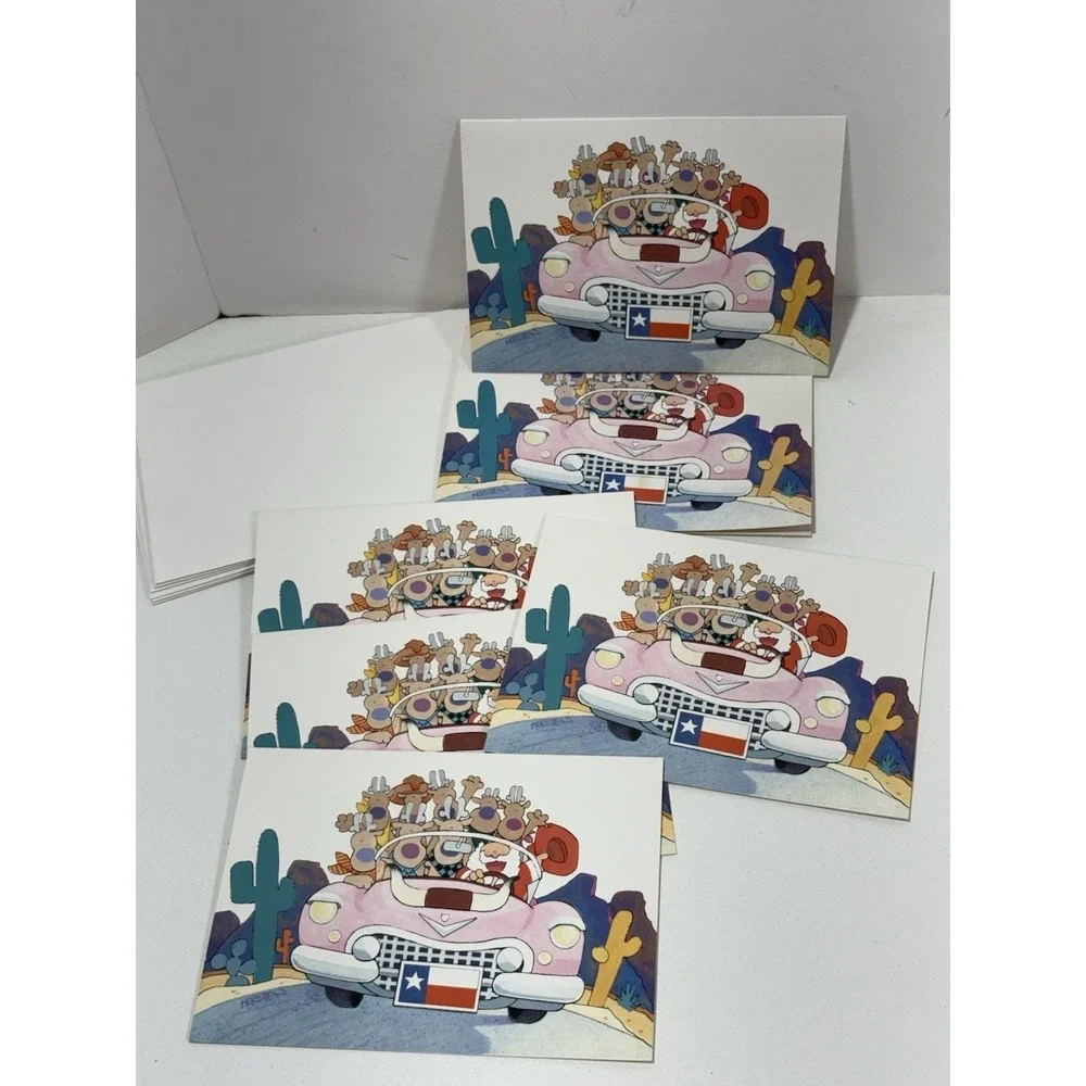 Kersten Bros Vintage Texas Christmas Cards lot 6 Santa Reindeer Pink Convertible